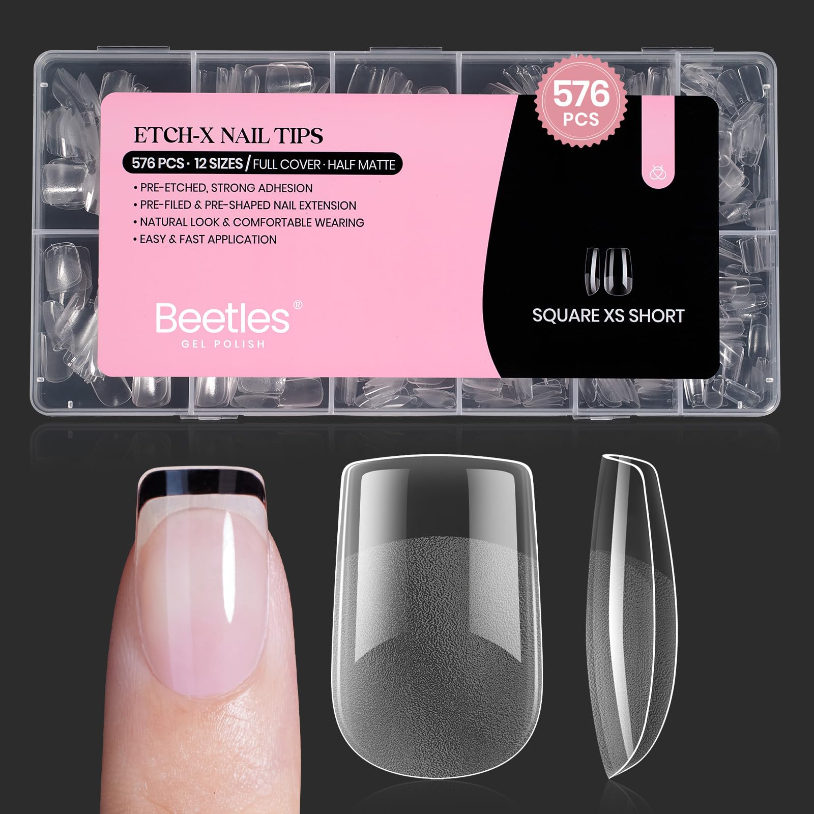Beetles Short Square Nail Tips: 12 Sizes 576PCS XS Short Square Half Matte Clear False Acrylic Press on Nails Tips Pre-shape Full Cover Nail Tips Nail Extension DIY
