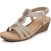 SHIBEVER Womens Sandals Wedge Low: Elastic Ankle Strap Wedge Sandal - Dressy Sandals Women - Comfortable Open Toe Champagne Size 8