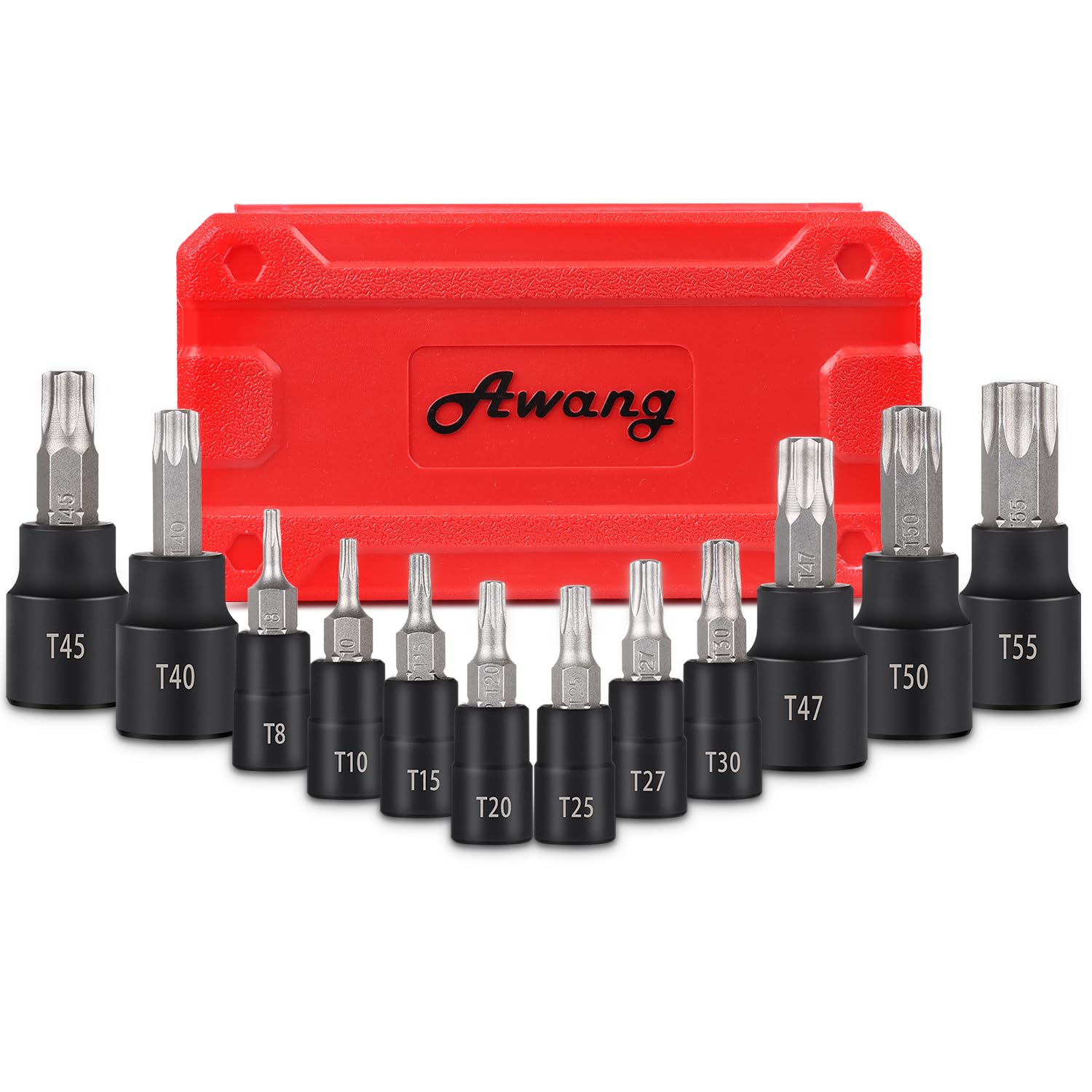 Awang 13Pcs Star Bit Socket Set T8-T60，1/4 3/8 1/2 Inch 50BV30 CR-V Drive Socket and S2 Alloy Steel Bit with Storage Case