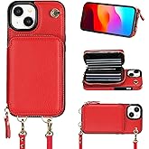 Bocasal Crossbody Wallet Case for iPhone 15, RFID Blocking Leather Purse Case with Card Holder, Protective Handbag Flip Cover with Zipper Wrist Strap Lanyard for Women 5G 6.1 Inch (Red)