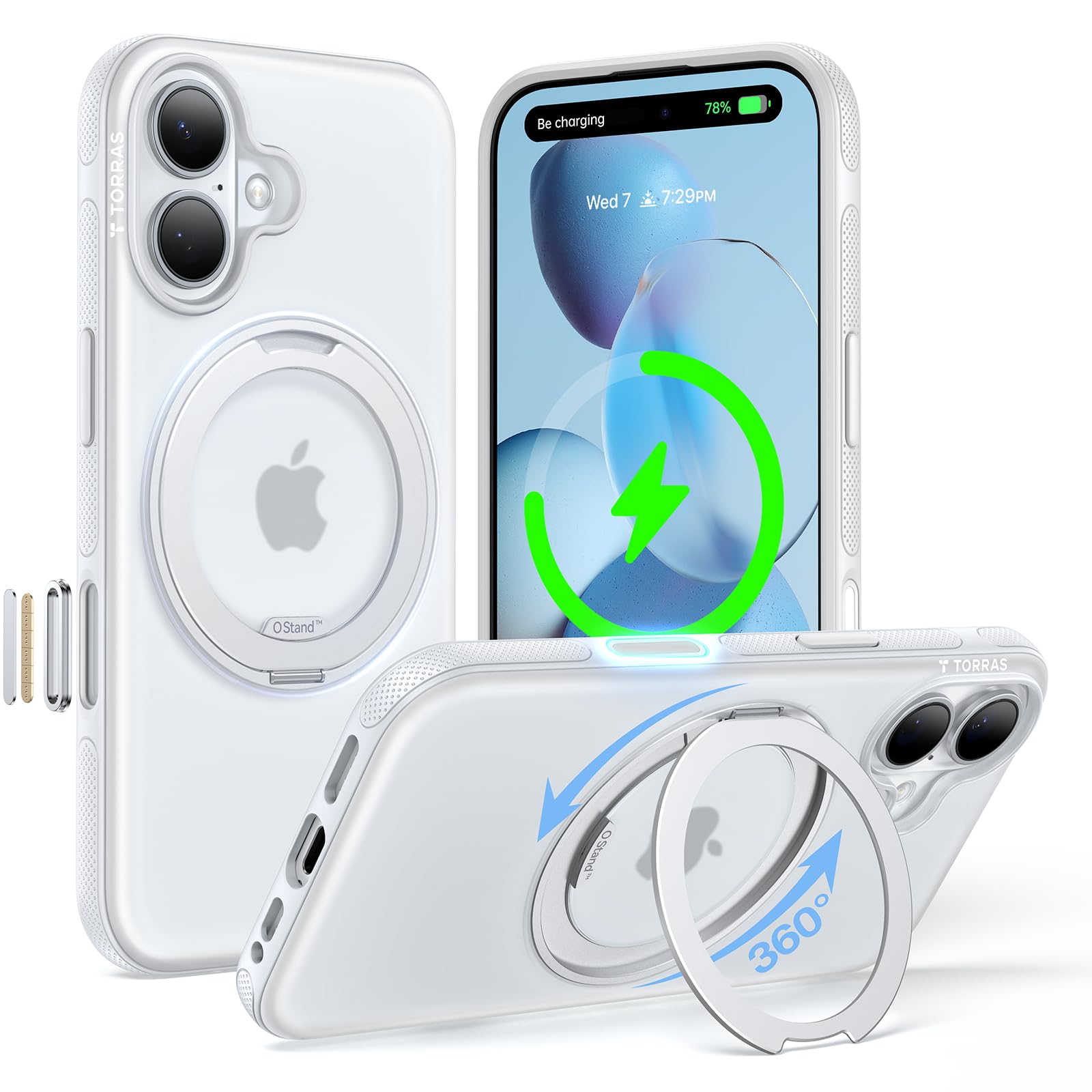 Photo 1 of TORRAS O3 Fitness for iPhone 16 Case Magnetic Stand, Fit for MagSafe, 360 Rotatable Stable Stand, Camera Control Button, Military-Grade Shockproof, Slim & Sleek, Glacier White Translucent, Ostand
