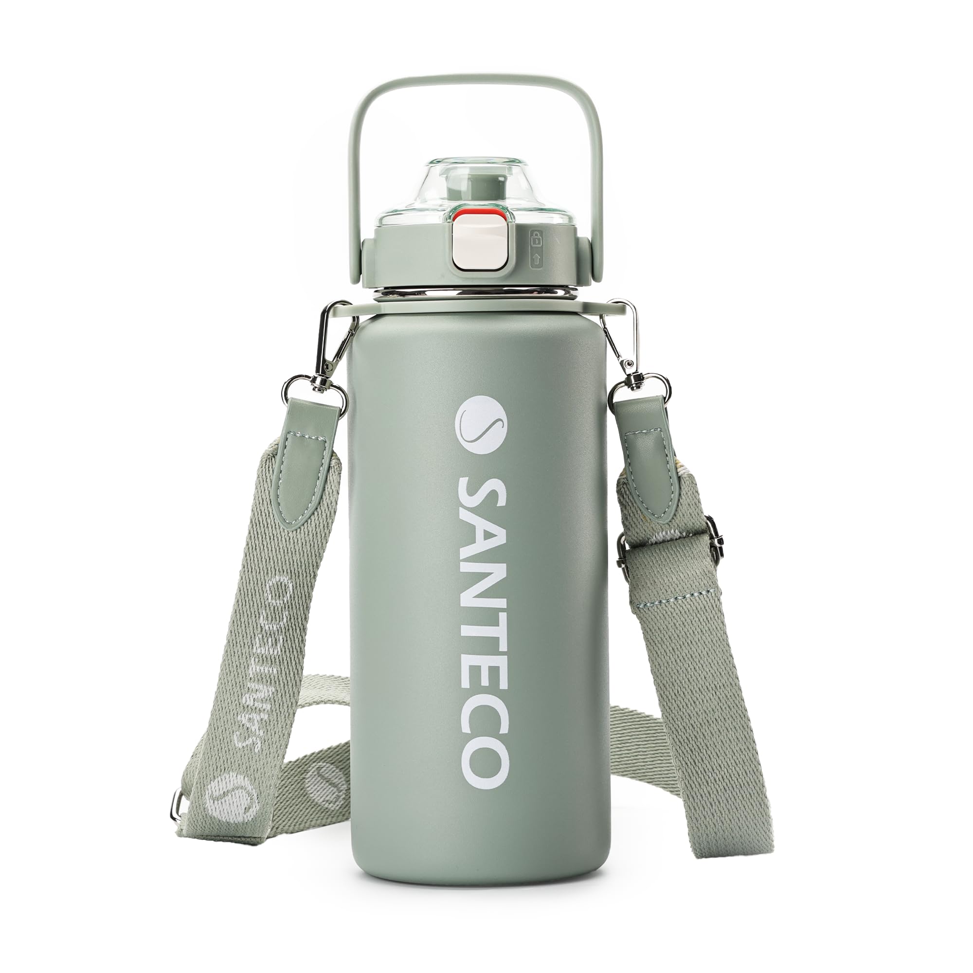 SANTECO 水筒 真空断熱スポーツボトル 1.2L 取りはずしでき肩に 保冷 保温 魔法瓶 ストロー付き 直飲み スポーツドリンク対応 おしゃれ 広口 アッシュブルー