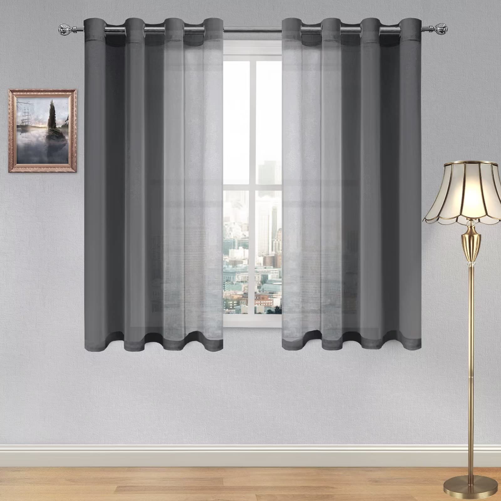 DWCN Dark Grey Sheer Curtains Textured Semi Transparent Eyelet Top Decorative Voile Curtain for Living Bedroom, 52" Wide x 54" Drop, 2 Panels
