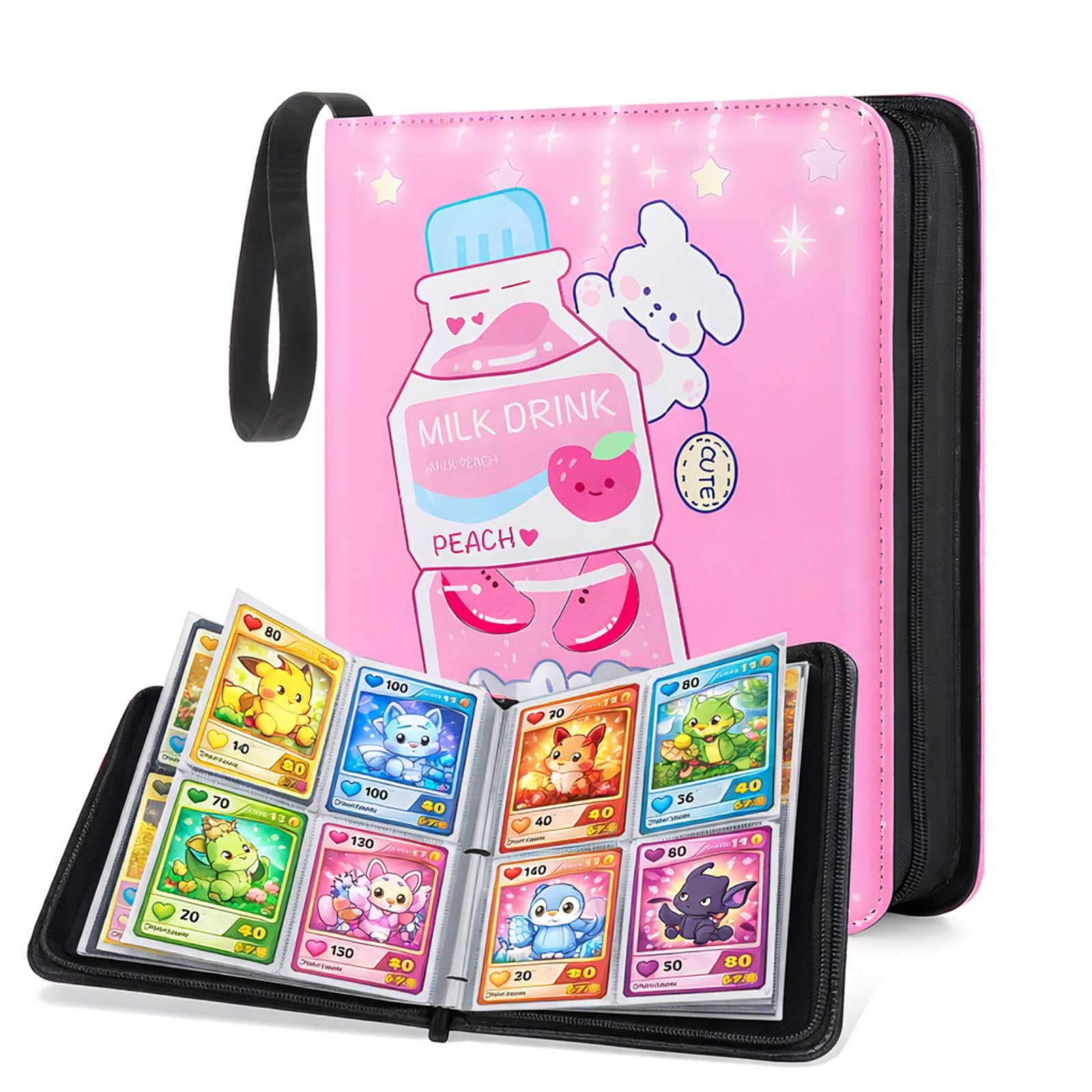 Card Binder 520 Pocket, 65 Sleeves Trading Card Holder, 3Ring Card Binder Album for Cards, Card Collector, Photos, Cute Cat Trading Card Folder for Kids Girls, Pink