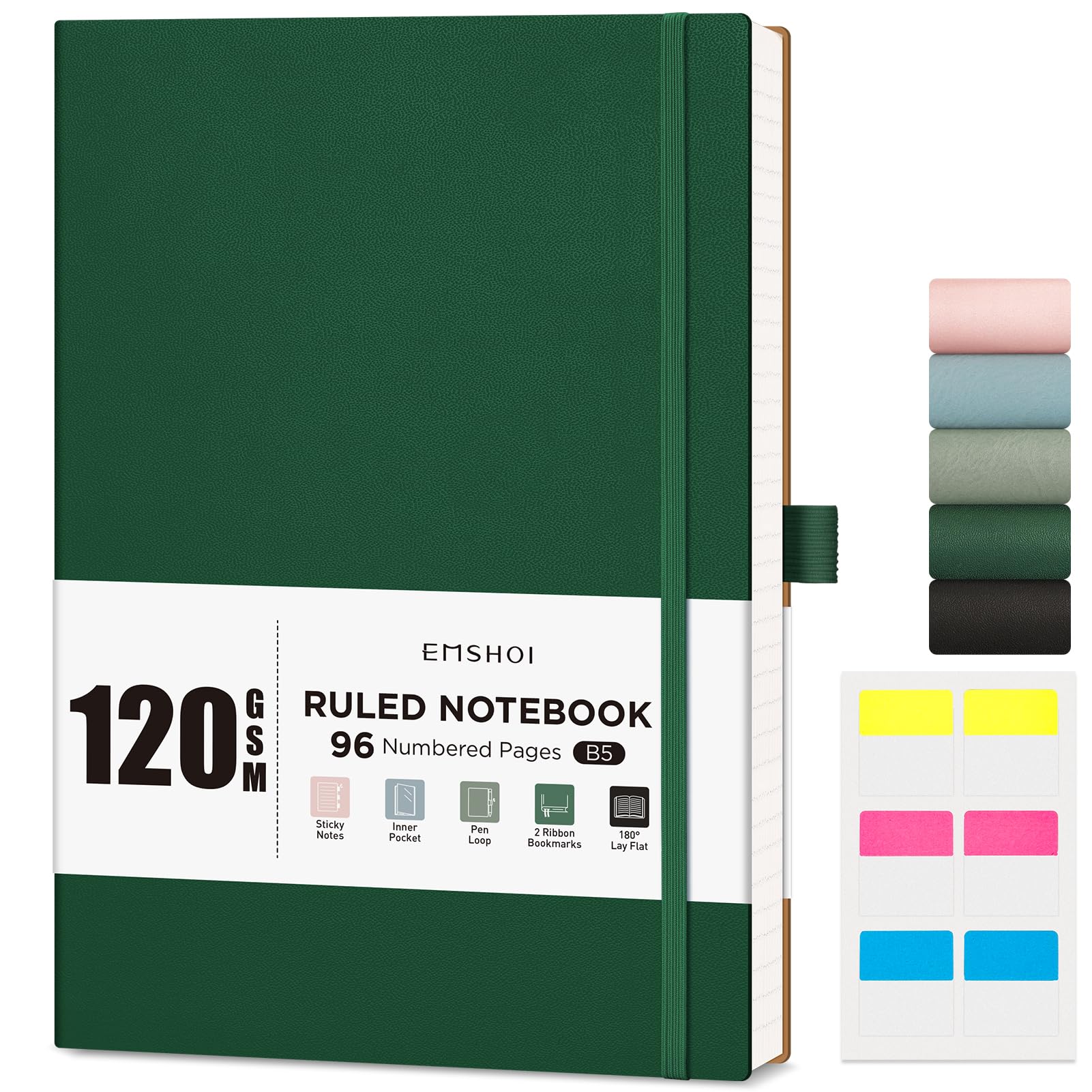 EMSHOI B5 Notebook Lined - 120 GSM Lined Paper, 96 Numbered Pages Softcover College Ruled Composition Notebooks with Free Sticky Notes for Women Men Office School,19 X 25 cm - Dark Green