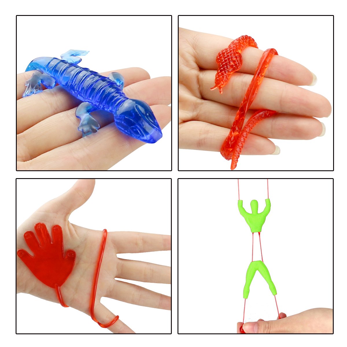 72 x sticky jouet gluante mélange de jouets collantes petit cadeau l\'anniversaire d\'enfant strechy, élastique, amusant couleurs vives - Mains, Escalade murale Homme, Marteaux, Serpents, Grenouilles volantes, Lizards, Scorpions, souris noi