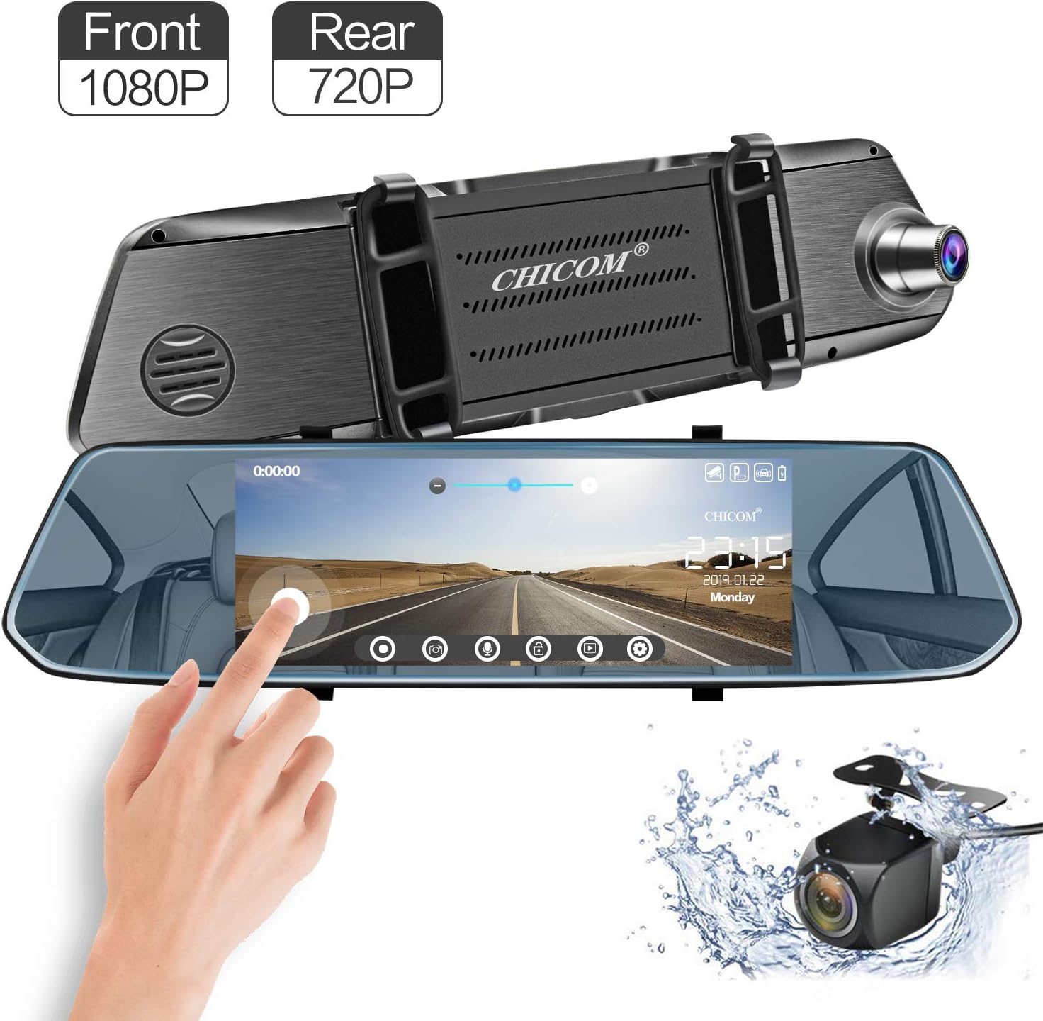 Specchietto Dash Cam, schermo touch screen IPS da 7" [campo visivo