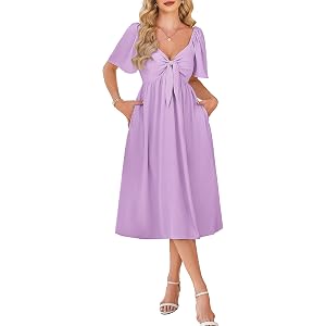 Kikibell Summer Dress for Women Casual Short Sleeve Bow Tie V Neck Smocked High Waist A-Line Flowy Midi Dress with Pockets