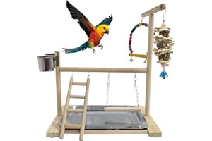Hamiledyi Bird Playground Parrots Play Stand Natural Wooden Parrot Perch Gym Playpen Pet Parakeet Ladders with Feeder Cups for Cockatoo Conure Cockatiel Cage Accessories Exercise Toy (Include a Tray)