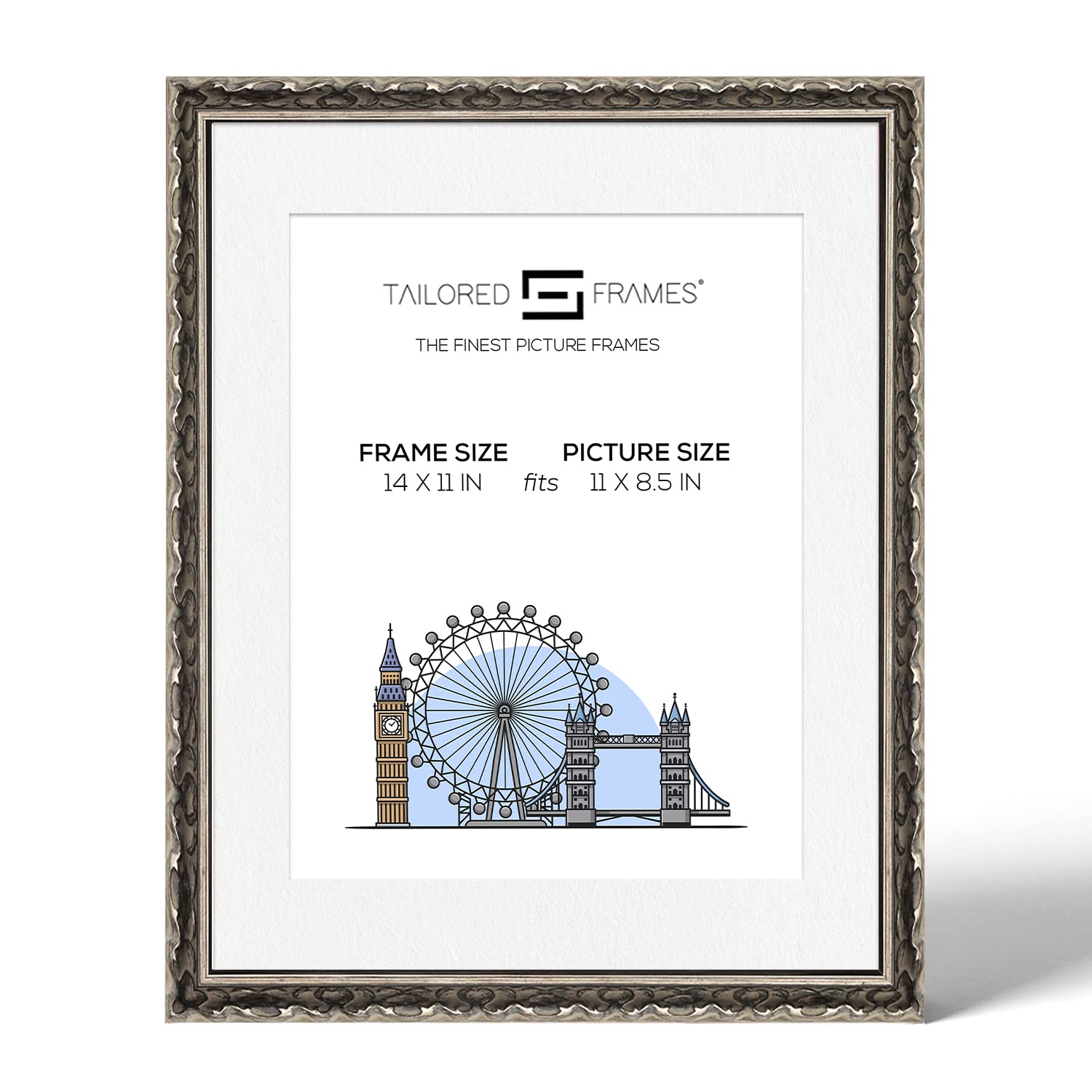 Tailored Frames Vienna Silver 14" X 11" Frame for 11" X 8.5" Picture | Rustic Style Vintage Single Picture Frame | Wall Hanging Type | Photo Frame with White Mount