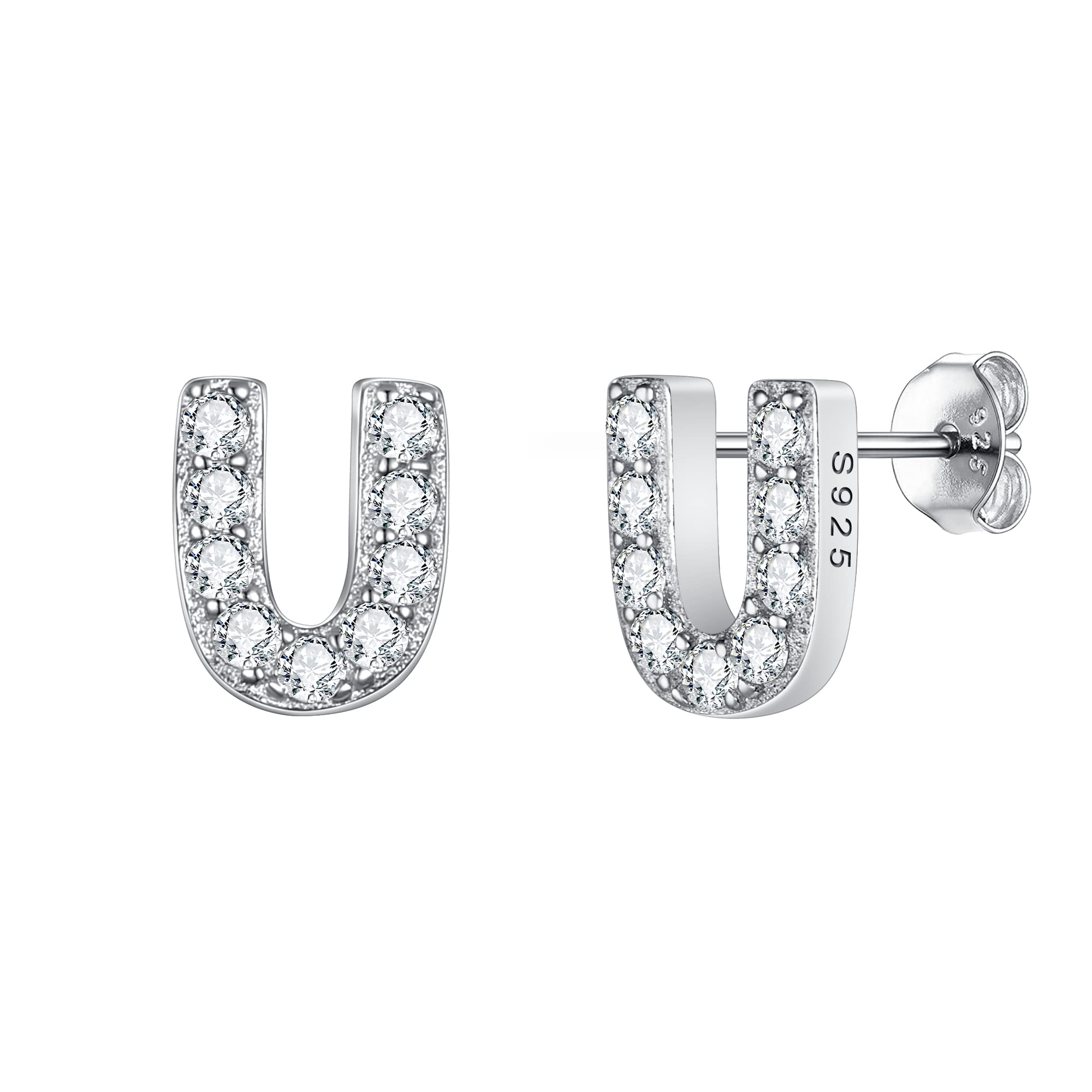 EVER FAITH Women's 925 Sterling Silver Pave Cubic Zirconia Initial Alphabet Letter U Stud Earrings Clear