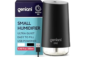 GENIANI Portable Small Cool Mist Humidifier – USB Powered (Not Rechargeable), Compact Desktop Humidifier for Plants, Office, Baby Room – Auto Shut Off & Night Light – Black, 0.25L