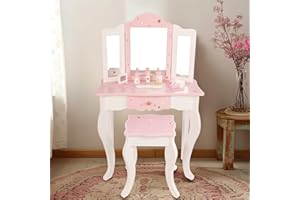 WOODENEDU Kids Wooden Play Vanity Set with Vanity Table and 6 pcs Makeup Accessories, Tri-Fold Mirror, Storage Drawer and Matching Stool, Beauty Makeup Vanity Table and Chair Set for Toddlers (Pink)