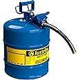 Justrite 5 Gallon Type II Blue Safety Can for Kerosene with Flame Arrester, Self-Closing Lid, and 1" Flexible Metal Spout, Made in the USA, Galvanized Steel Flammable Storage Can, 7250330