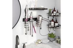 hicorfe Hair Dryer Holder 3 in 1 Hair Tool Organizer,Blow Dryer Holder Wall Mounted,Bathroom Bedroom Hair Care Styling for Flat Iron,Curling Iron,Hair Straightener （Black）