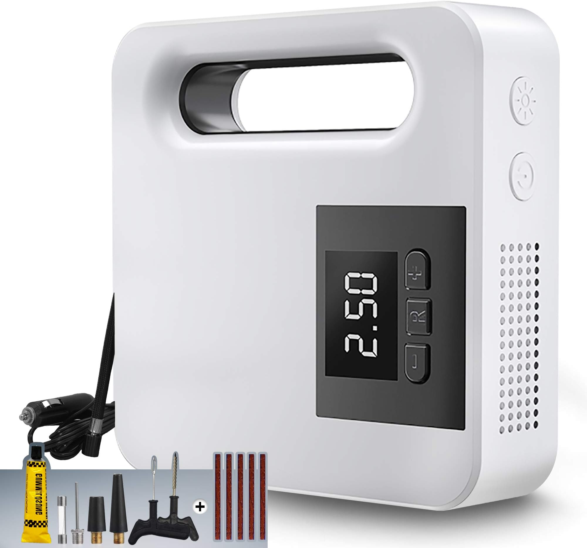 Digital Tyre Inflator Portable Air Compressor Pump with Tire Emergency Repair Tool Kit-12V Auto Shut Off Emergency LED Flashlight Preset Function Digital Pressure Gauge Fit for Car Truck Bicycle