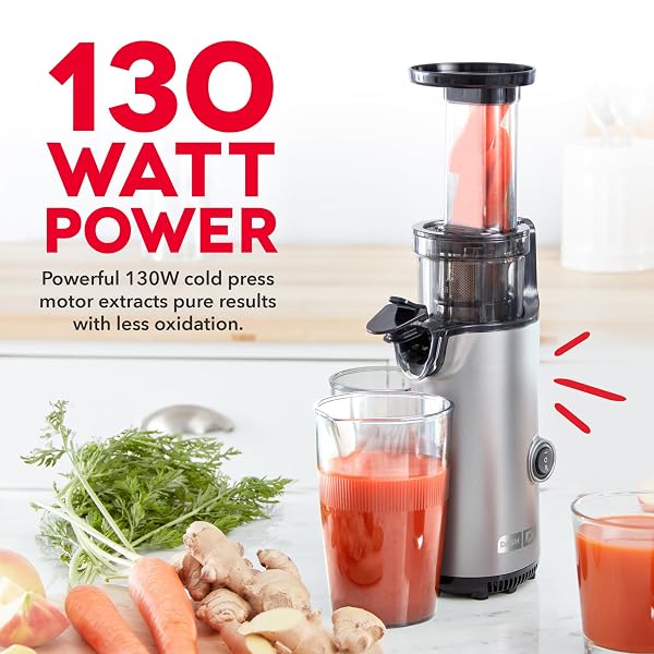 DASH DELUXE COMPACT COLD PRESS JUICER – SLOW MASTICATING JUICER MACHINE FOR FRUITS AND VEGETABLES WITH FROZEN ATTACHMENT – EASY TO CLEAN JUICE PRESS FOR HOME COUNTERTOPS – GRAPHITE
