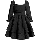 JiAmy Girls Dresses Square Neck Lantern Long Sleeve Ruched Smocked Back Double Layer Ruffle Dress