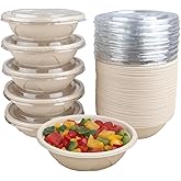 JAYEEY 25 oz Disposable salad bowls with lids, Sugarcane Fiber Paper Bowls take away food containers meal prep deli container Freezer Safe 50 Pack