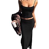 BEAGIMEG Women's Sexy 2 Piece Sleeveless Spaghetti Strap Tank Top Mid Waist Fishtail Maxi Skirt Outfit Dress Set