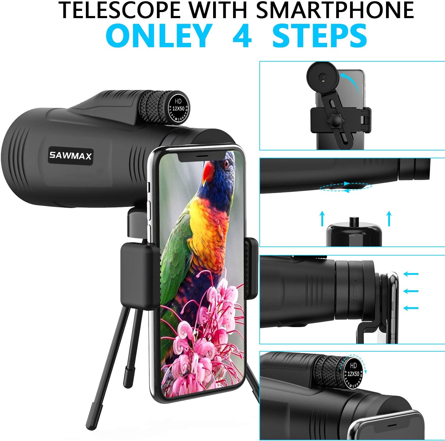 Monocular Telescope 12x50 High Definition With Quick Smartphone Adapter&Tripod&Hand Strap Waterproof Night Vision Monoculars for Bird Watching Hunting : Camera & Photo