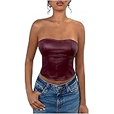 Milumia Women's Pu Leather Tube Crop Tops Lace Up Bustier Tops