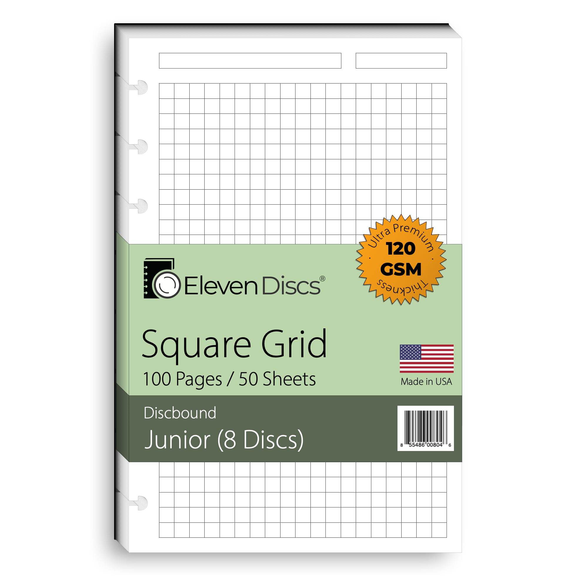 Eleven Discs Discbound Paper, Junior Size Square Grid Sheets - Premium 120gsm Heavyweight Notebook & Planner Refills - 8 Discs, 5.5 x 8.5 in - Punched for Circa, Arc, TUL (50 Sheets)