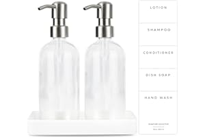 EMERSON ESSENTIALS Emerson Soap Dispensers with Stainless Steel Pumps + 100% Porcelain White Tray | Kitchen Sink Dish Soap and Bathroom Hand Wash Glass Bottle Set | 5 Waterproof Labels 16 Oz, Set of 2 (Clear/Stainless)