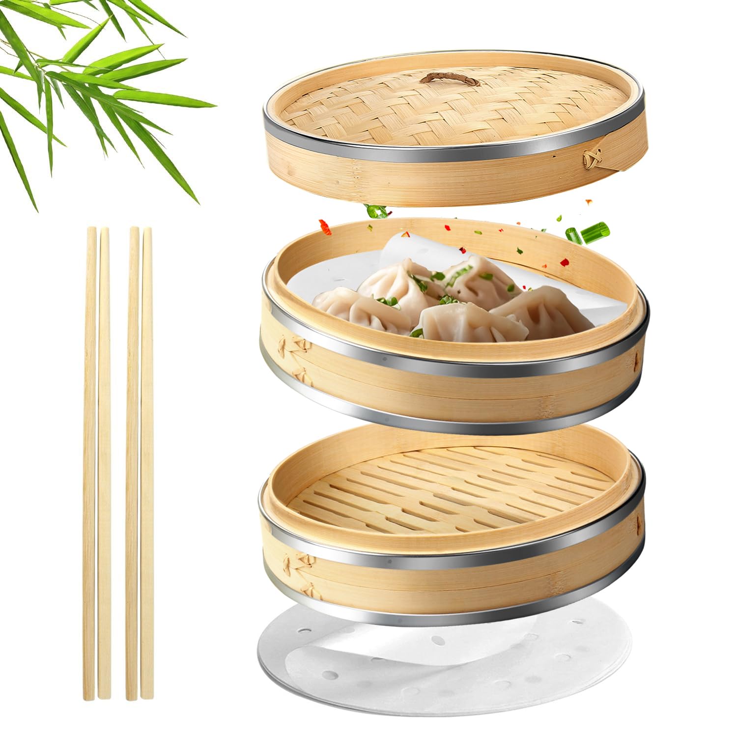 Flexzion Bamboo Steamer Basket Set (8 inch) with Stainless Steel Banding, 50 x Steamer Liners and 2 Pairs of Chopsticks, Steam Baskets for DimSum Dumplings, Rice, Vegetables, Fish and Meat