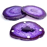 Sisamn Purple Agate Slices Large Crystal Geode Coasters Set of 4 with Rubber Bumpers - Unique 4-5 Inch Dyed Stone Drink Cup Coasters for Home Decor, Coffee Table, Bar Accessories