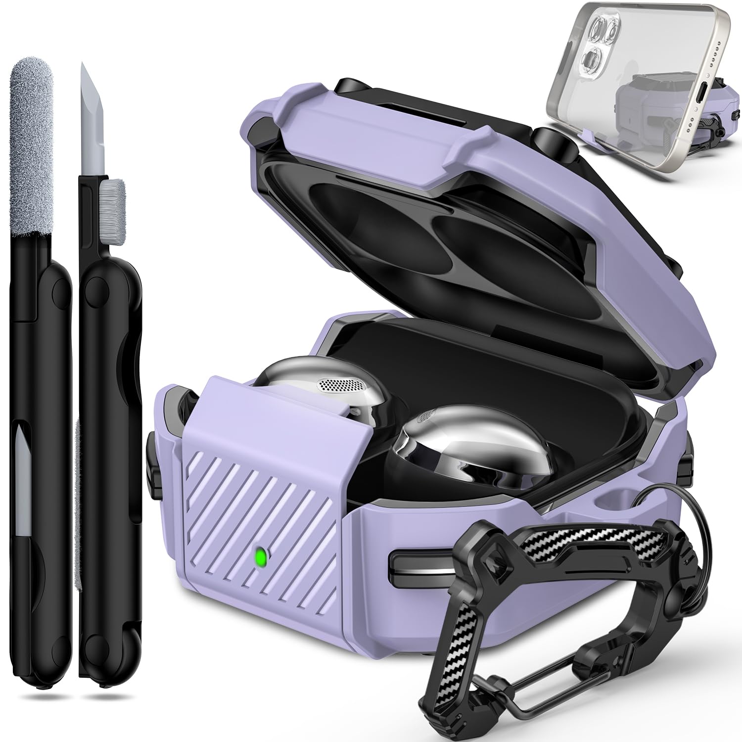 RFUNGUANGO for Samsung Galaxy Buds 2 Pro/Buds Pro/Buds Live/Buds 2 Case Cover/Galaxy Buds FE (2023),with Anti-Drop Lock that Doubles as a Phone Stand,Light Purple