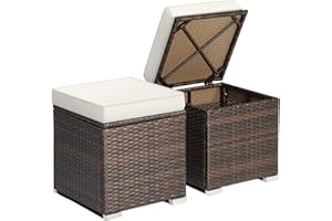 RELAX4LIFE Wicker Outdoor Storage Ottoman, 2-Piece Rattan Footstool w/Removable Cushion, Multipurpose Footrest Stool Side Table Additional Seating, Set of 2 Outdoor Ottomans for Patio Deck (Off White)