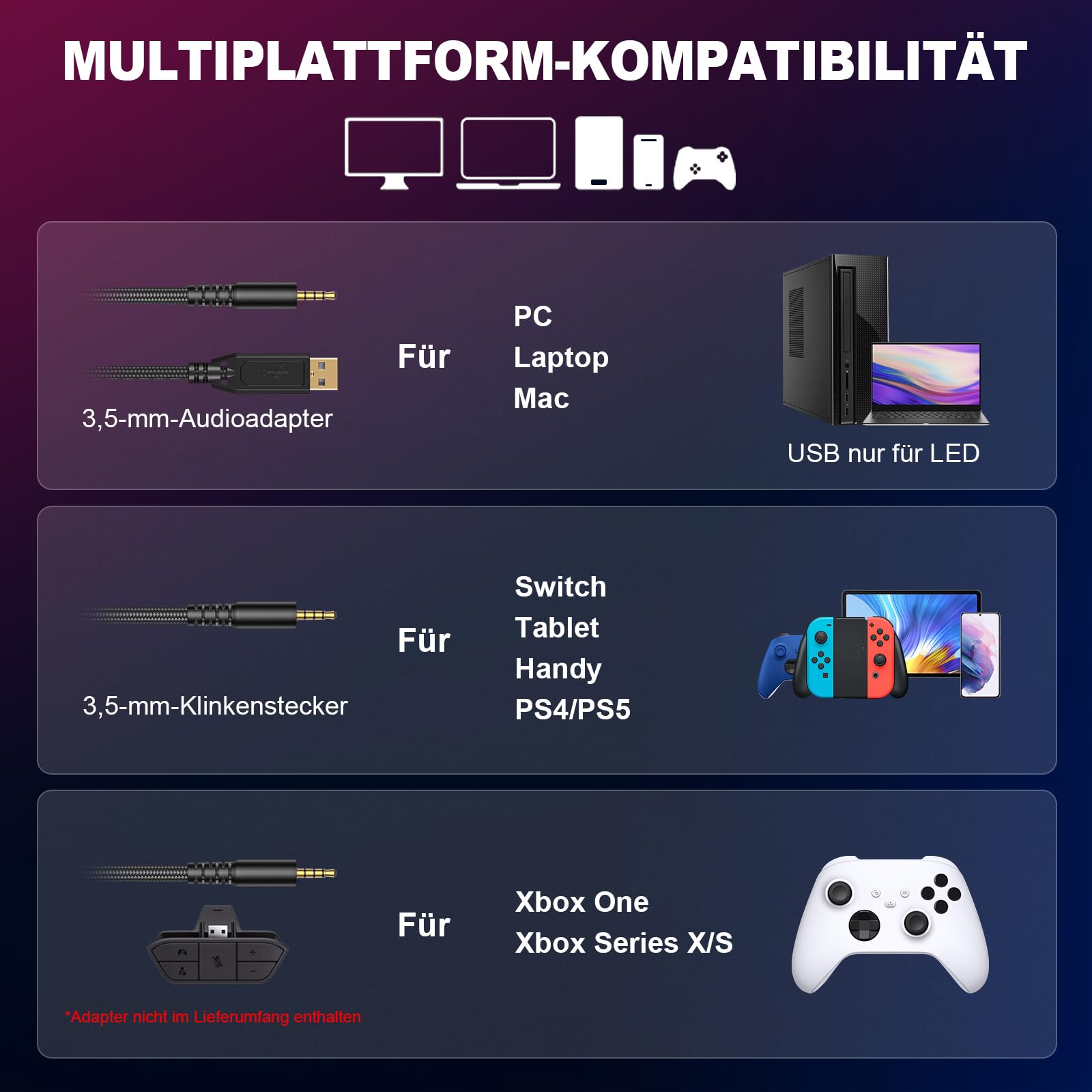 Krysenix PG2 RGB Gaming Headset für PS4, PS5, PC, Xbox,Switch,Ps5 Gaming Headset mit Mikrofon, Over-Ear Kopfhörer,Ps4 Kopfhörer mit 3,5mm Klinke,Hell Blau 6