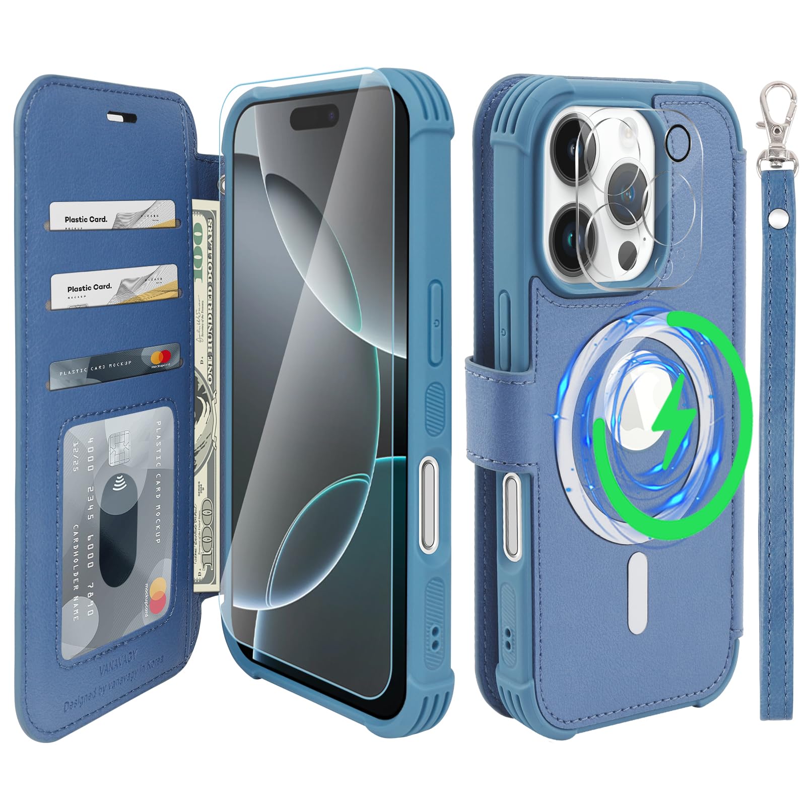 VANAVAGY Compatible for iPhone 16 Pro Wallet Case for Magsafe Wireless Charging,Leather Flip Folio Wrist [Glass Screen Protectors and Camera Lens Protectors]with RFID Block Card Holder,Blue