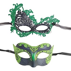 Hopodix Venetian Glitter Couple Masquerade Mask for Women Men | Gothic Masks Black Green Glitter Lace Eyemask for Halloween C