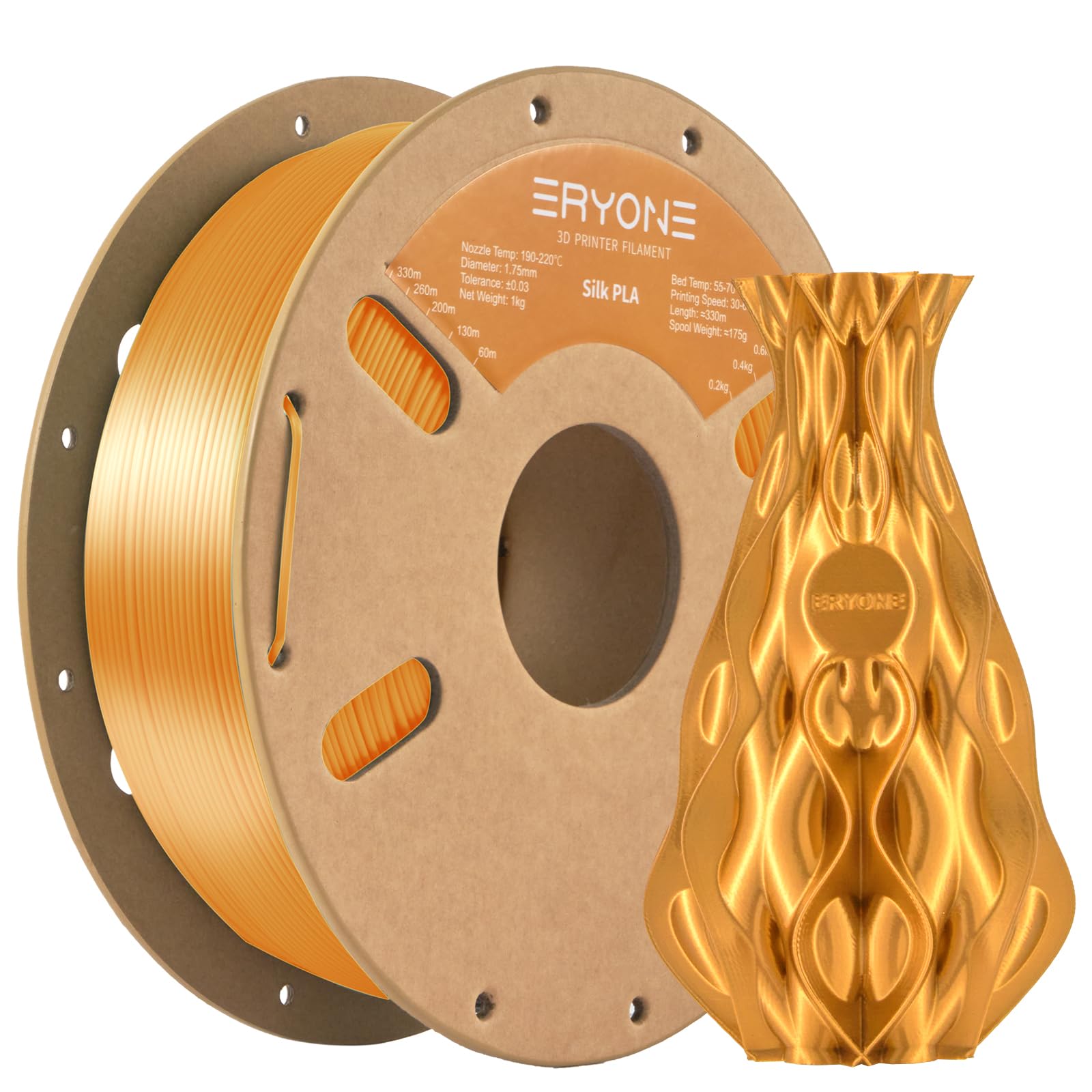 ERYONE Silk PLA Filament 1.75mm, 3D Printer Filament PLA, -0.03mm, 1kg(2.2lbs)/Spool, Silk Gold