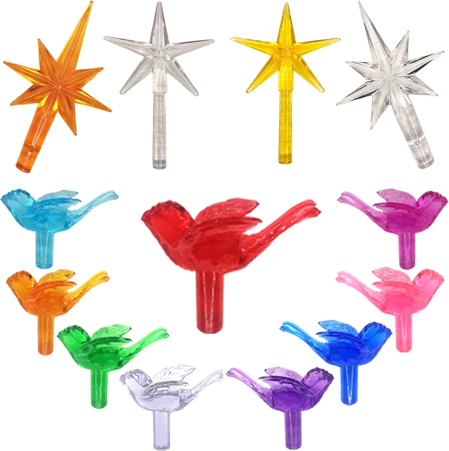 Tree Toppers - 137Pcs Ceramic Christmas Tree Bird Replacement Bulbs/Lights and 4Pcs Stars Tree Topper for Retro Ceramic Tree Ornaments- 9 Colors Pegs Accessories.