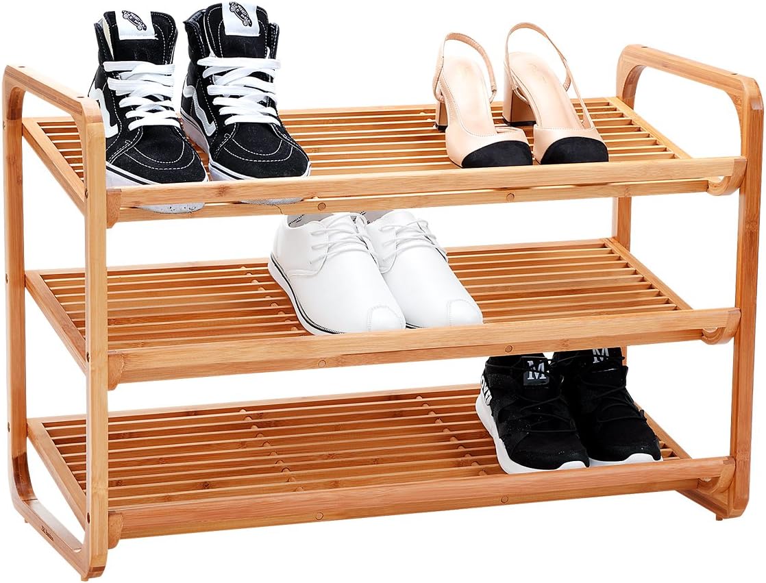 New Ridge Home Goods Natural Bamboo Shoe Boot Organizing Rack, Entryway Seat with Storage Shelf, Hallway Furniture Bench,