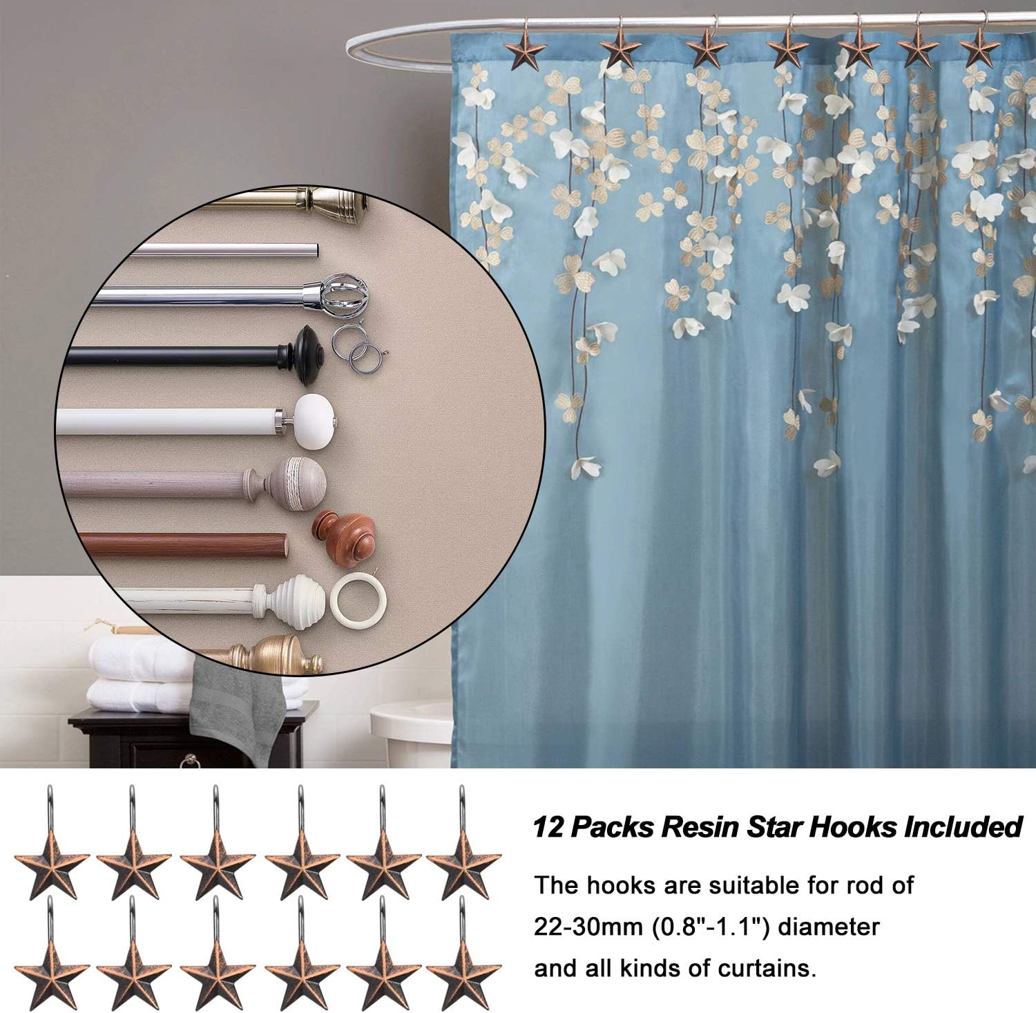 AGPTEK Shower Curtain Hooks, 12PCS Anti Rust Decorative Resin Hooks for Bathroom, Baby Room, Bedroom, Living Room Decor (Star): Home & Kitchen