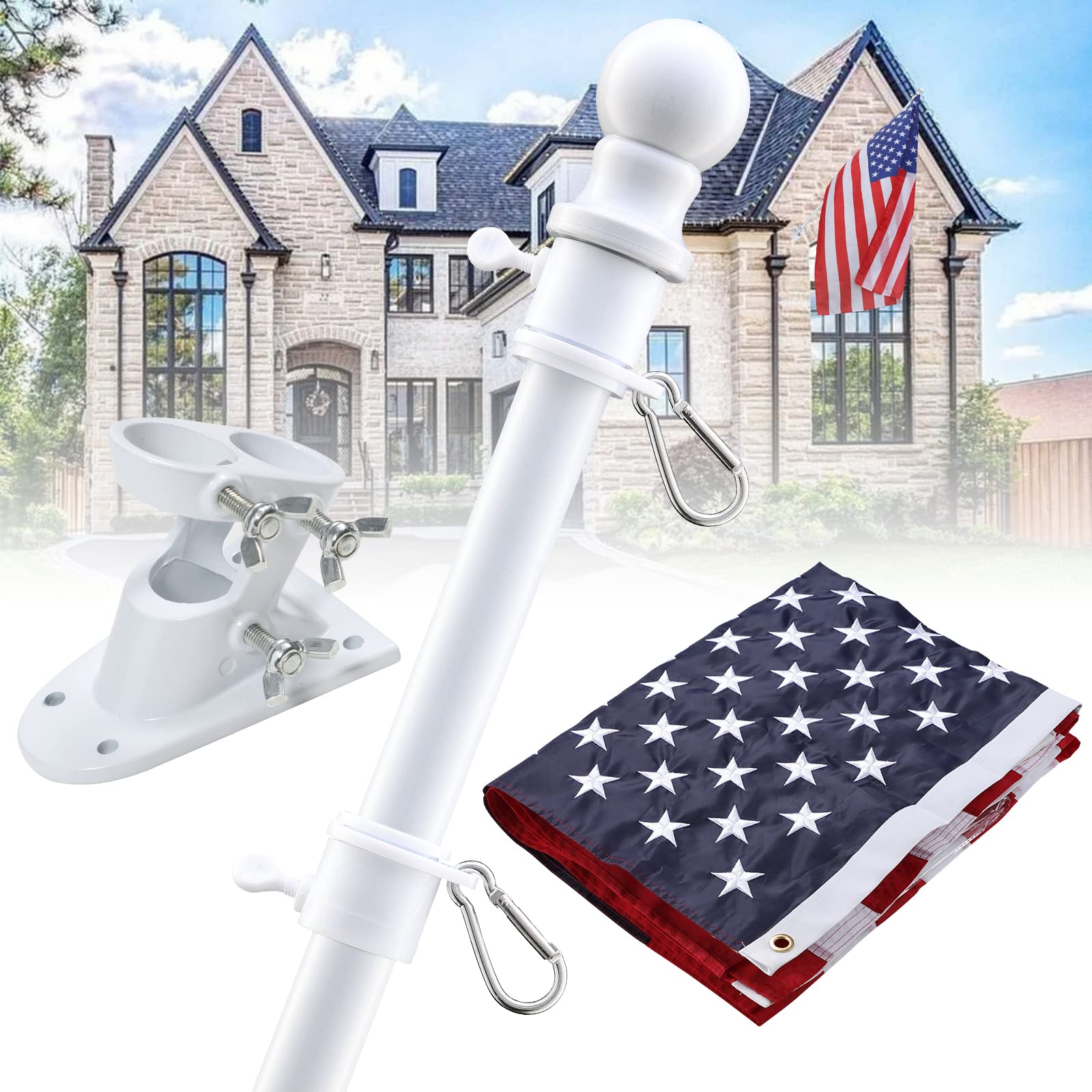 Photo 1 of Flag Pole with American Flag - Tangle Free Flag Poles for Outside House with 3x5 Embroidered US Flags,Flagpole Holder Bracket - 5ft Heavy Duty Outdoor Flag Pole Kit for Porch - White