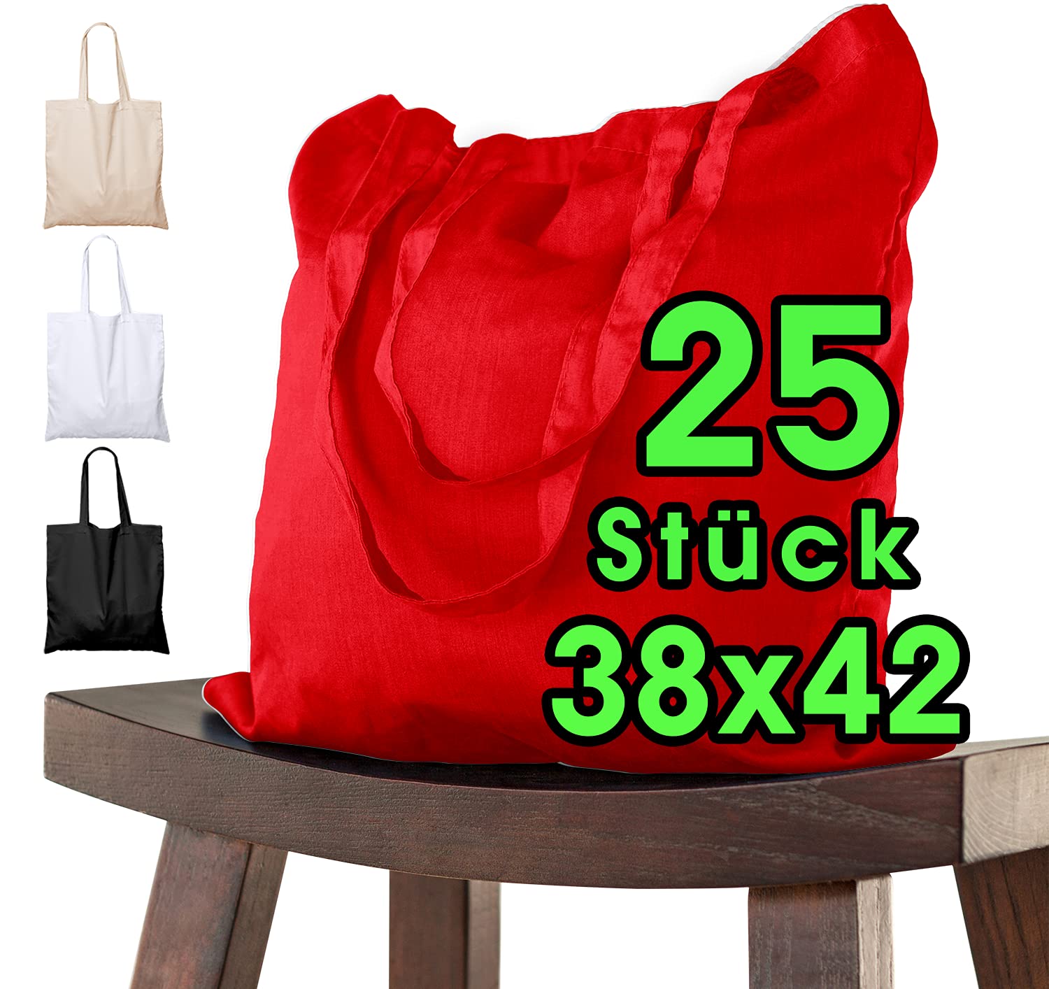 Pack of 25 Bags, 38 x 42 cm, 15 x 16.6 in, Natural Plain Cotton Bag with Long Handles, Hipster Fabric, Carry Case, Travel Bag – Jute Bag, Öko-Tex Certified, Shopping Bag (red)