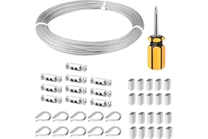 FSHIHINE 1/16 Wire Cable 304 Stainless Steel Garden Wire Rope 100FT with Cable Thimbles, Crimping Sleeves, Wire Rope Clip Multiuse for Hanging Lights Climbing Plants Fencing Washing Line Rigging Wire