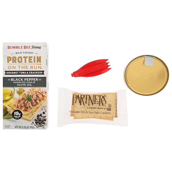 BUMBLE BEE PRIME PROTEIN ON THE RUN TUNA SNACK KIT – GOURMET TUNA MARINATED IN OLIVE OIL & BLACK PEPPER WITH CRACKERS AND SERVING UTENSIL – 19G OF PROTEIN PER SERVING