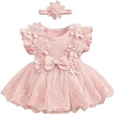 Infant Baby Girl Lace Romper Baby Tulle Dress Romper Flowers Bodysuit Spring Summer Festival Clothes with Headband