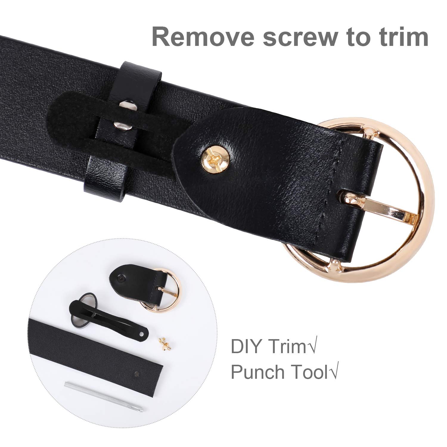 Ladies Leather O Ring Belt for Jeans Dress with Golden Round Buckle(Suit for waist size 36-40 Inches, black)