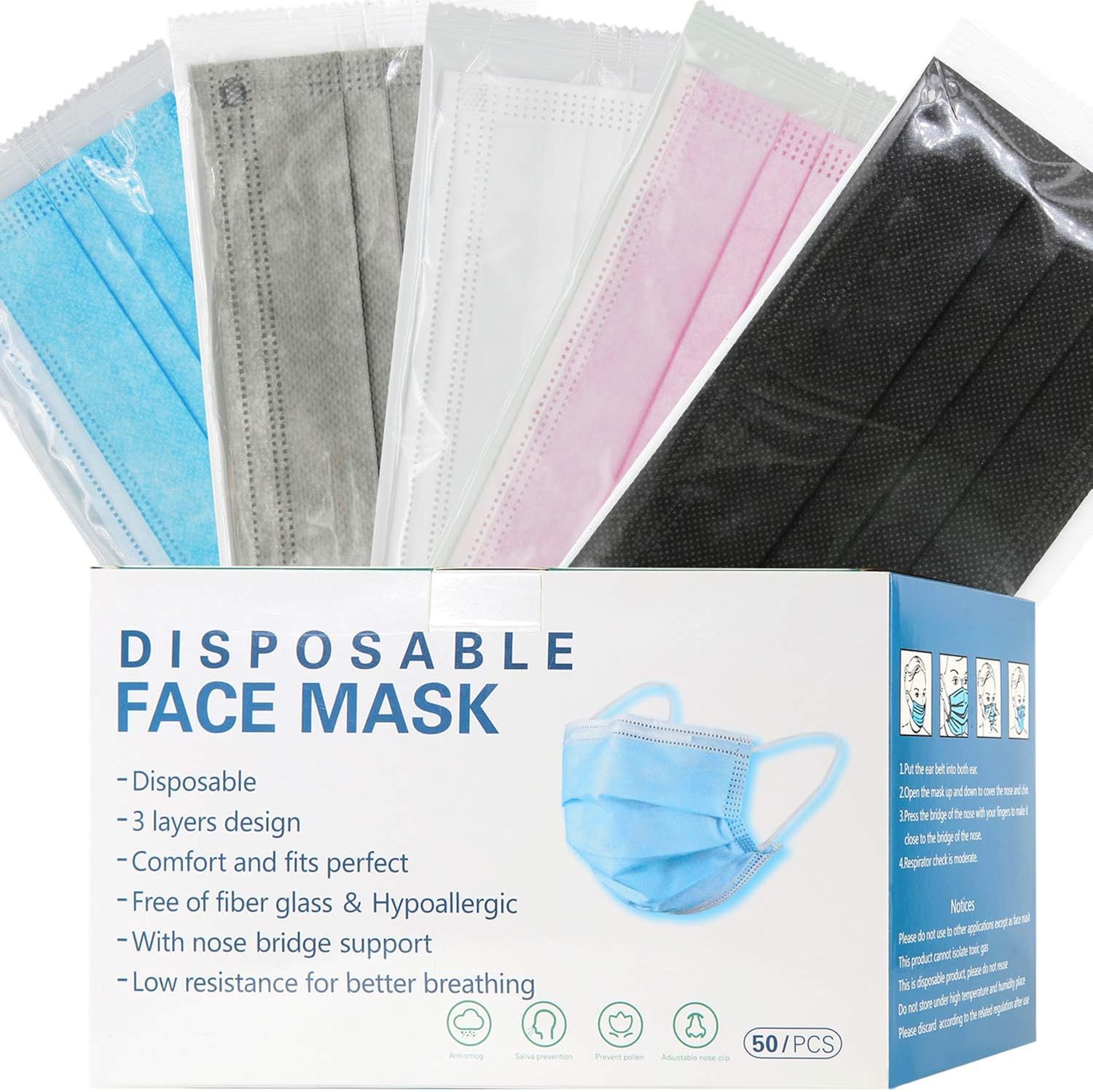mystcare Disposable Face Mask 50 Pack Individually Packaged