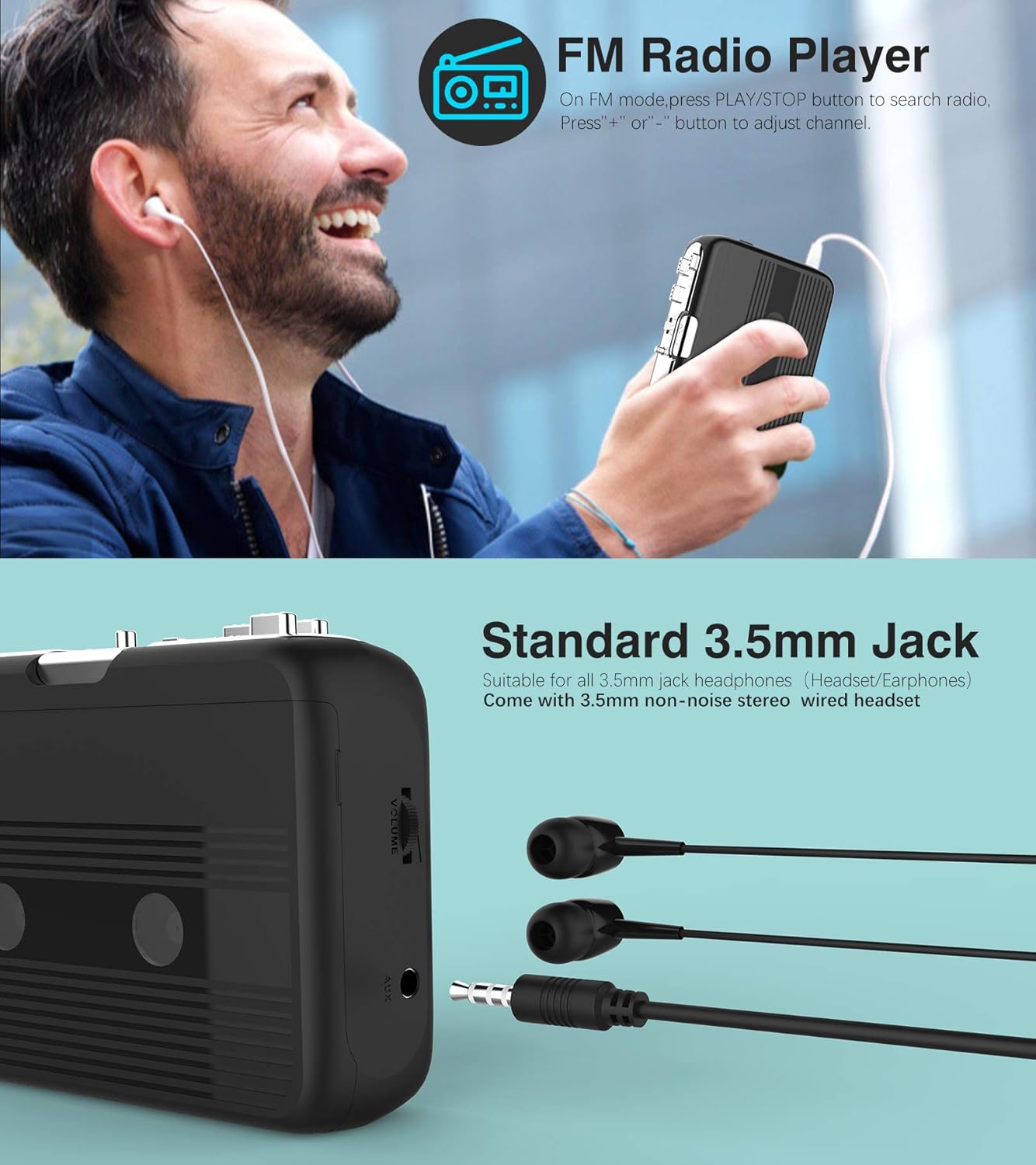 AOBOCO Bluetooth Portable Cassette Player, Tape Player With 3.5mm