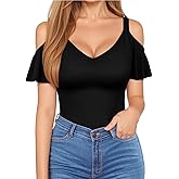 HERLOLLYCHIPS Sexy Tops for Women Cold Shoulder Deep V Neck Short Sleeve Slim Fit Summer Casual Tees T-Shirts