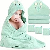 Sublaga 4 PCS Baby Towel Set, Hooded Bath Towel for Infants, Toddlers and Kids, Soft Animal Baby Bath Towels & 3 PCS Washcloths, 32x32 in Hooded Baby Bath Towel for Boy and Girl (Green Elephant)