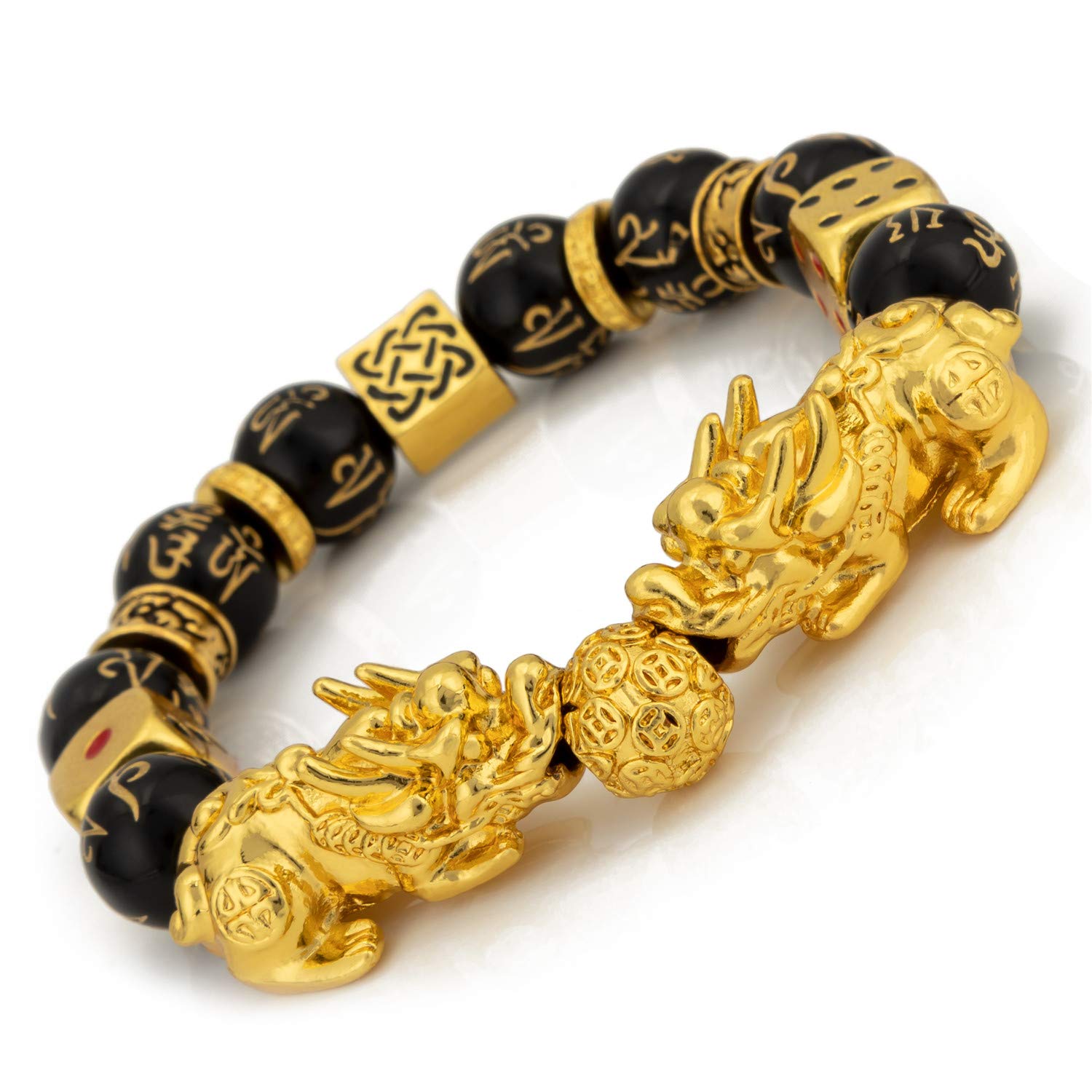 ZenBless Feng Shui Black Obsidian Pixiu Bracelet for Women & Men - Double Pi Xiu/Pi Yao Black Mantra Bead Bracelet with Golden Dice for Wealth and Good Luck